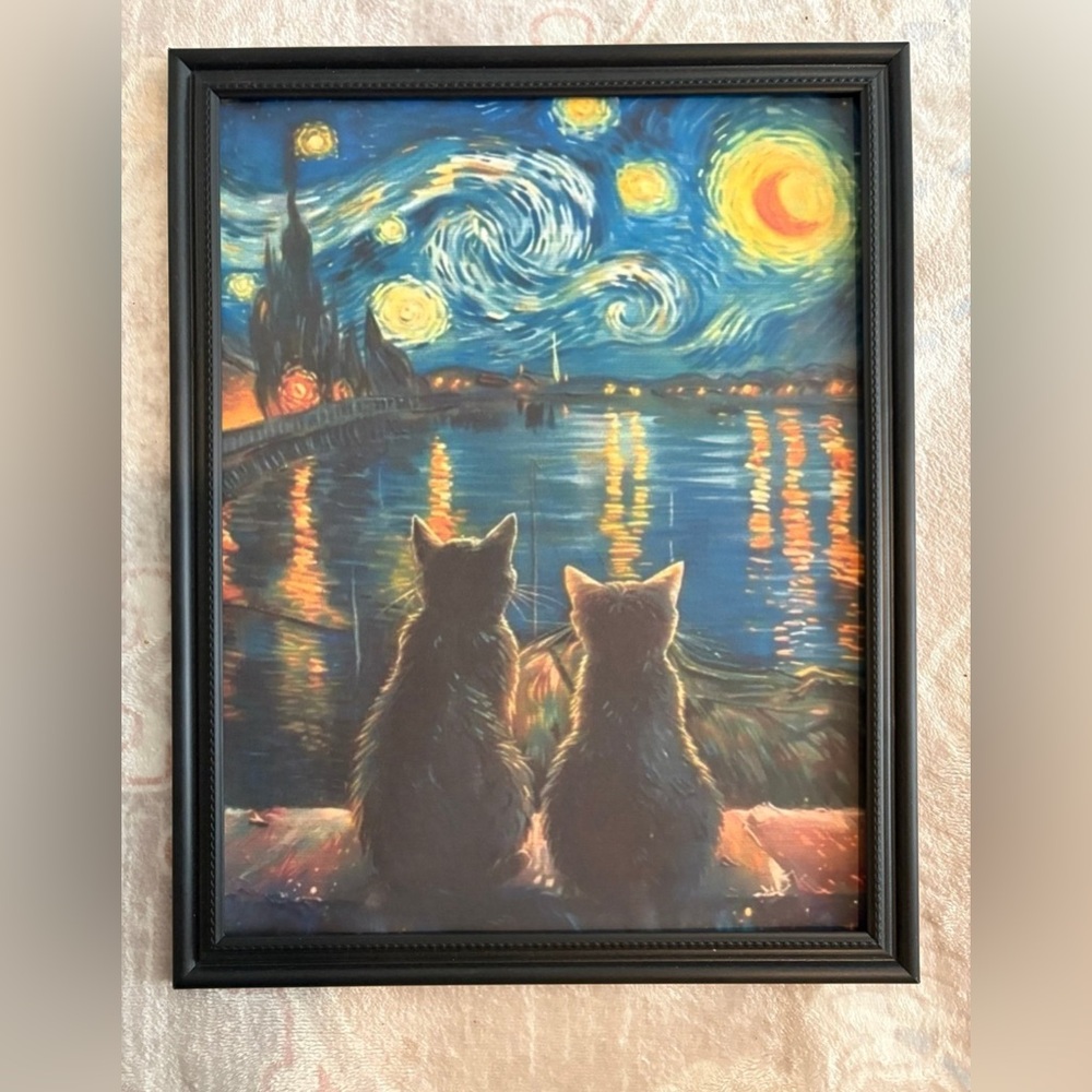Van Gogh Starry Night Cat Framed 8x10” Wall Art